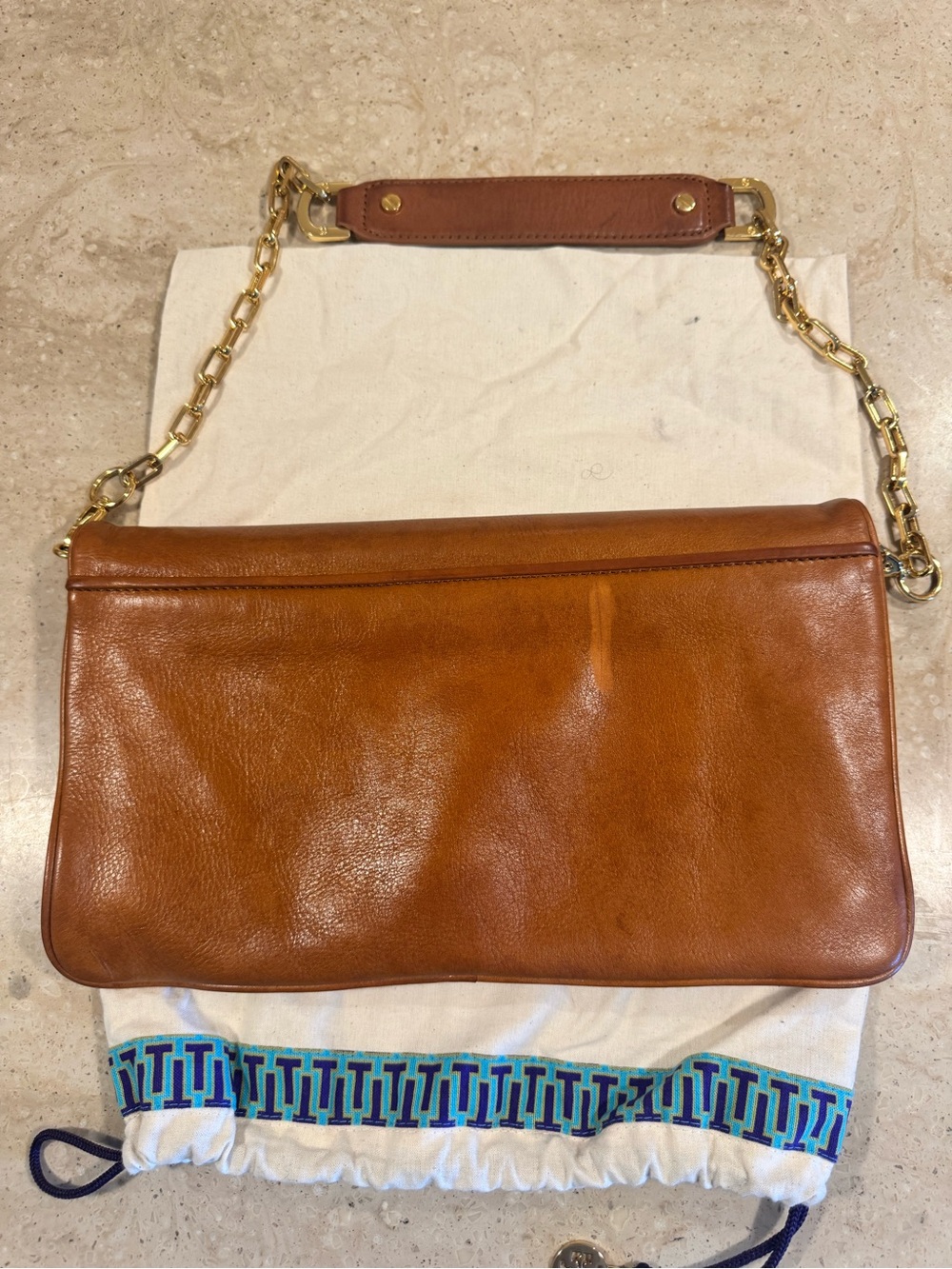 Tory Burch Cognac Leather Fold over Clutch Chain Bag - Picture 3 of 5